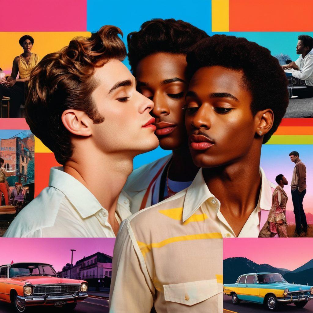 An artistic collage featuring iconic scenes from classic queer films like 'Paris is Burning' and 'Call Me by Your Name' meshed with vibrant images of new releases such as 'Moonlight' and 'Pride'. Include rainbow colors flowing throughout the image, symbolizing diversity and love, with a film reel twisting around the elements. The background should be a blend of film strips and modern cinema screens, creating a dynamic connection between eras. colorful, modern art style, vibrant colors.