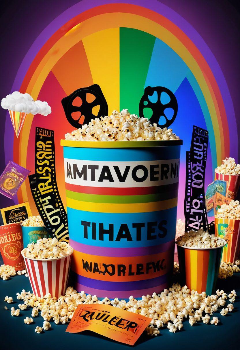 A vibrant film reel morphing into a rainbow spectrum, with iconic scenes from popular queer films delicately placed along the strip. The background features a cinematic touch with dramatic lighting, showcasing a diverse group of people joyfully watching together. Include elements like film clappers and popcorn for an engaging atmosphere. super-realistic. vibrant colors. cinematic.