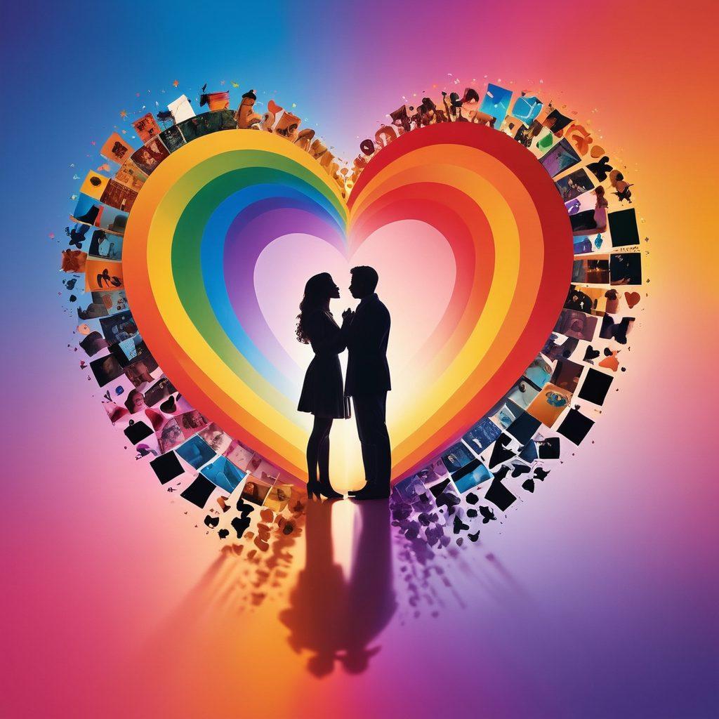 A vibrant collage featuring iconic LGBTQ+ film scenes, with colorful film reels spiraling around glowing heart symbols. Include silhouettes of diverse characters celebrating love and freedom, set against a backdrop of a rainbow gradient. The scene should evoke joy and inclusivity, inviting viewers into a world of cinematic magic. super-realistic. vibrant colors. white background.
